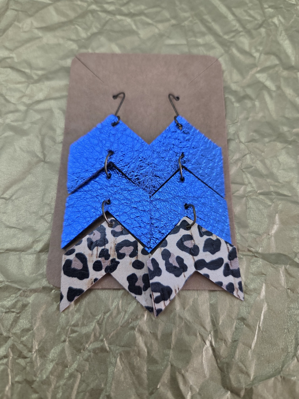 Blue Metallic and Leopard Chevron Leather Earrings